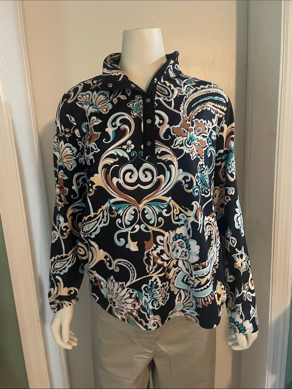 Chico's Black Multi-Color Paisley Button-Neck Blouse